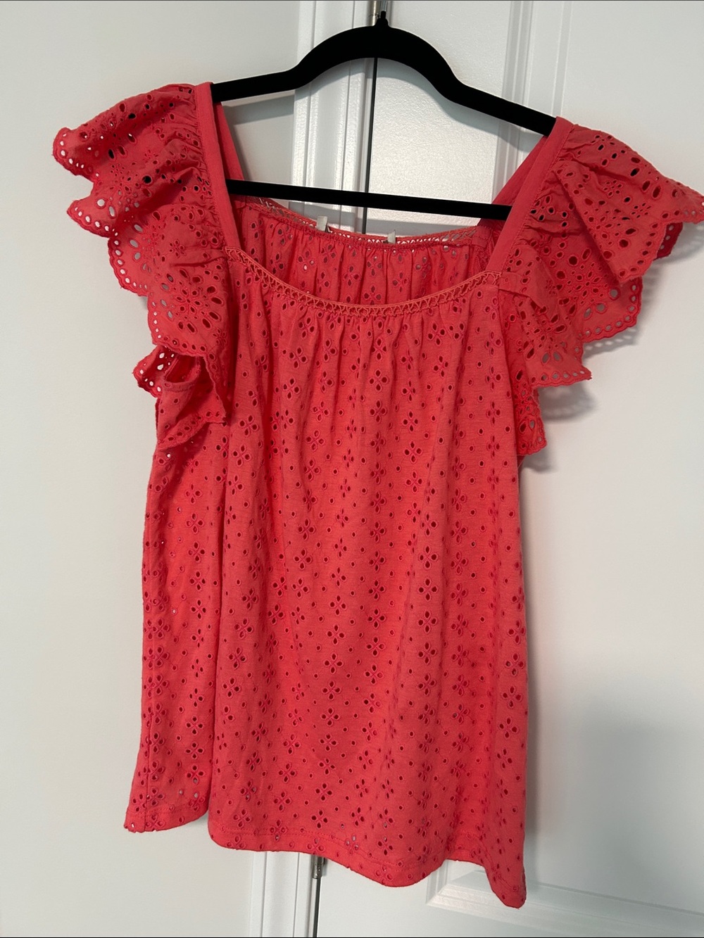LOFT Coral Eyelet Ruffle Sleeve Blouse